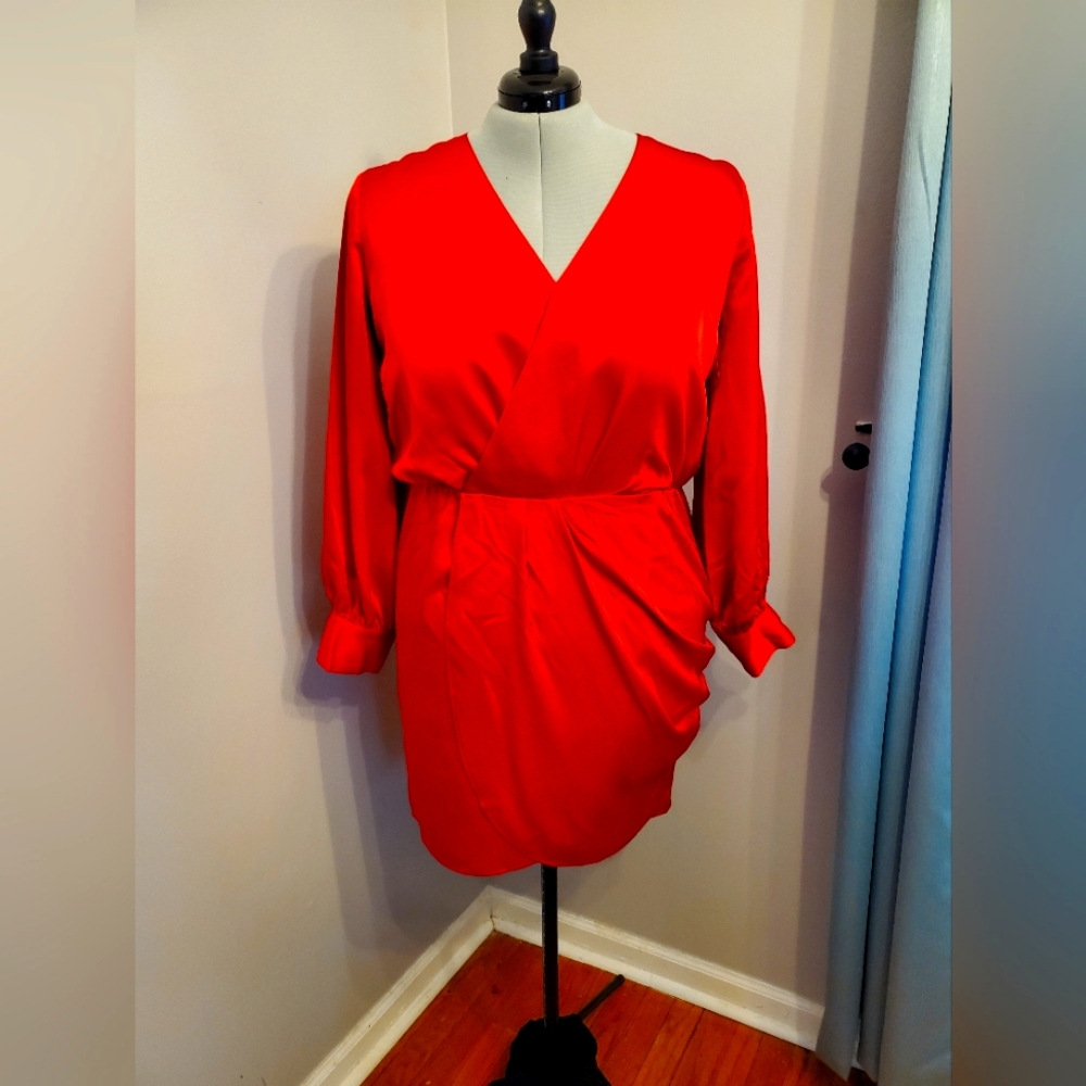 NWT Satin V Neck Wrap Dress w Ruching